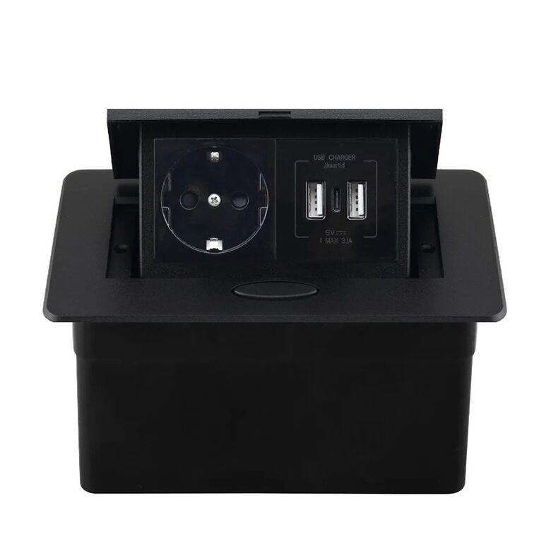 Paslēpta melna sienas vai virsmas  rozerte ar vienu EU izeju, divām USB un Vienu C lādēšanas izeju.